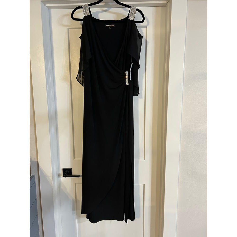NEW Glamour Nights Black Cold Shoulder Chiffon Maxi Dress Rhinestone 14 Wedding